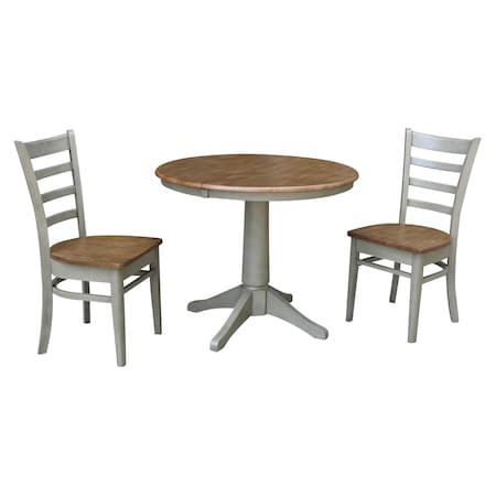 International Concepts Round 36 in Rd Extension Dining Table, 2 Emily Chairs, Hickory/Stone, 36 W, 48 L, 30.1 in H, Wood K41-36RXT-27B-C617-2